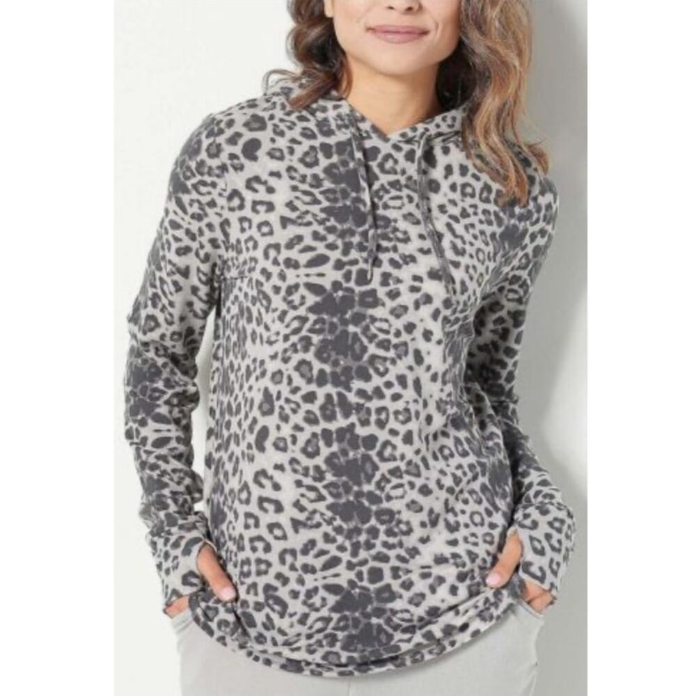 Belle by Kim Gravel Animal Print Hacci Cotton Spandex Gray Leopard Hoodie 4X